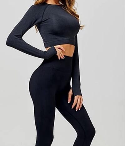 Jumada's - Sport outfit - Crop top met lange mouwen - High waist legging - Naadloos - Squatproof - Zwart - S