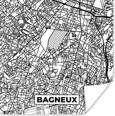 Poster Kaart - Plattegrond - Frankrijk - Stadskaart - Bagneux - Zwart wit - 100x100 cm XXL