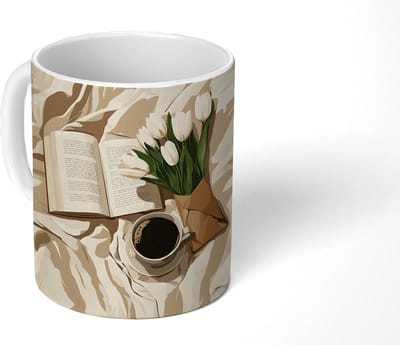 Mok - Koffiemok - Boek - Illustratie - Tulpen - Koffie - Mokken - 350 ML - Beker - Koffiemokken - Theemok