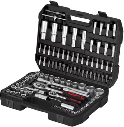 Walterstahl - 108 delige dopsleutelset chroom vanadium gereedschapset met 1/2 en 1/4 inch ratels doppen bits E Torx diepe doppen in koffer professionele toolset voor auto motor fiets werkplaats garage doe het zelf socket set onderhoud reparatie EU