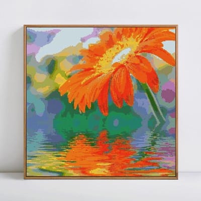 Broderie Diamant Fleur Et Paysage de Lac Mosaïque Ronde Complète Peinture Diamant Scénique Point de Croix 30x30CM orange