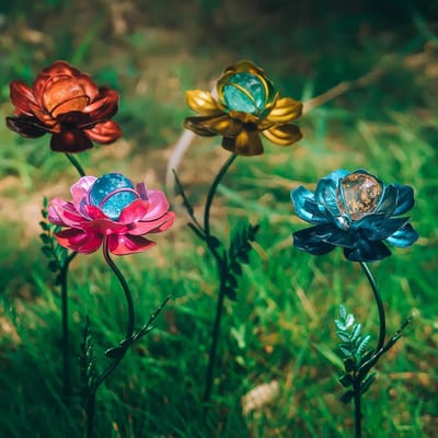 Metalen Bloem Decoratie - Tuindecoratie Paaltjes - Tuin Aankleden - Waterproof Roestvrij Staal - 13 cm Hoog - Meerkleurig