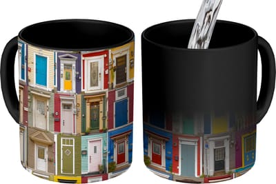 Magische Mok - Foto op Warmte Mokken - Koffiemok - Deuren - Kleurrijk - Collage - Architectuur - Magic Mok - Beker - 350 ML - Theemok