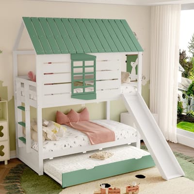 DESMIU Huis Stapelbed 90x200 cm – Met Glijbaan En Uitschuifbed – Veilig Met Hekken En Ladder – Voor Kinderkamer En Logees – Grenen En MDF – Wit Groen – Zonder Matras