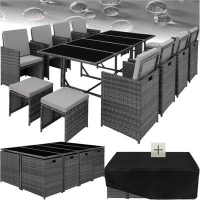 Tuinloungeset 245x335x87 cm Polyrotan – 13-Delige Luxe Lounge Set met 8 Stoelen, 4 Krukken & Glazen Tafel – Kubus Opberg Design – Weerbestendig voor Tuin, Balkon & Terras – Grijs/Lichtgrijs – HomebyNicole