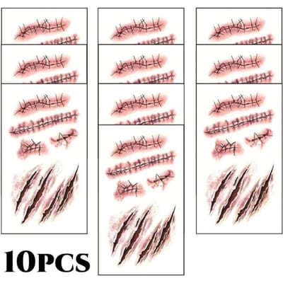 3D Nep Litteken Tattoos Sticker Lichaam Gezicht Realistisch Korst Tijdelijke Tattoos Halloween Horror Wond Bloederig DIY Make-up Stickers 10.5x6cm