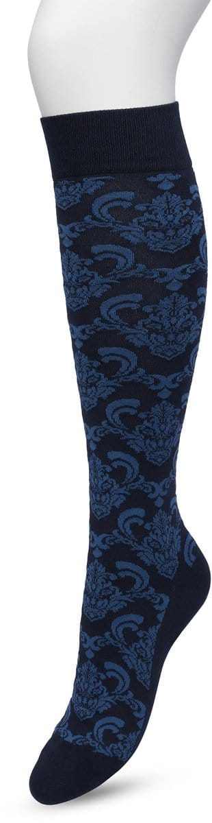 Bonnie Doon Dames Bloemen Kniekousen Donker Blauw maat 36/42 - Knie Kousen - Gebloemd Patroon - Bloemen Print - Uitstekend draagcomfort - Ornament Knee High - Kniesokken - Zakt niet af - OEKO-TEX - Donkerblauw - Navy - BP221701.102