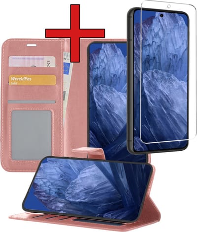 Hoesje - Met Screenprotector - Geschikt voor Google Pixel 8a - Luxe Pasjeshouder - Flipcase - Bookcase Portemonee - Flip Case - Kunstleer Book Case - Book Cover - Walletcase - Portemonneehoes - Telefoonhoes - Rosé goud