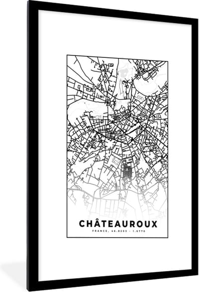Fotolijst incl. Poster Zwart Wit- Frankrijk – Châteauroux - Plattegrond – Stadskaart – Kaart - Zwart wit - 60x90 cm - Posterlijst