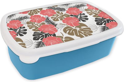 Broodtrommel Blauw - Lunchbox - Brooddoos - Exotische planten - Patronen - Hawaii - 18x12x6 cm - Kinderen - Jongen
