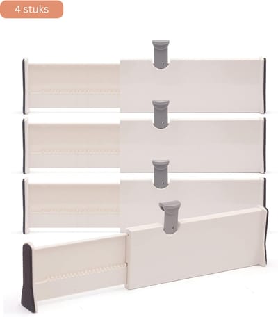 JustValue Ladeverdelers 4-Pack – Verstelbaar van 28-43 cm – Kunststof – 10 cm Hoog – Lade Organizer voor Keuken – Slaapkamer – Badkamer – Kantoor – Wit
