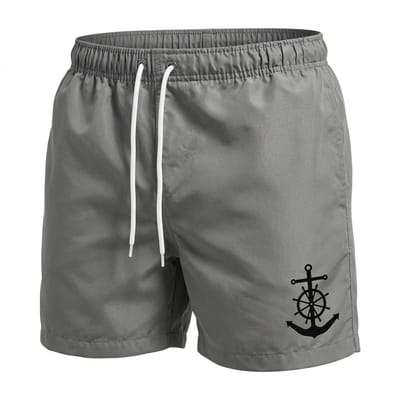 Grijze zwembroek heren met anker print – heren zwem short met elastische tailleband en wit trekkoord – korte strand zwembroek met mesh voering en zijzakken – effen grijze zwem short voor strand, zwemmen en vakantie – maat S
