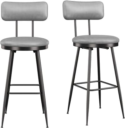 Set van 2 Moderne Barkrukken – Rond Zitvlak, Lage Rugleuning, Kunstleer – Met Metalen Frame en Voetsteun – 65 cm Zithoogte