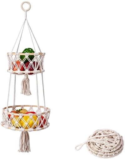 2 verdiepingen fruitmand, hangend, fruitmand om op te hangen met plafondhaak, hangende fruitmand, bamboe, hangmand, fruit, voor woonkamer, keuken, badkamer
