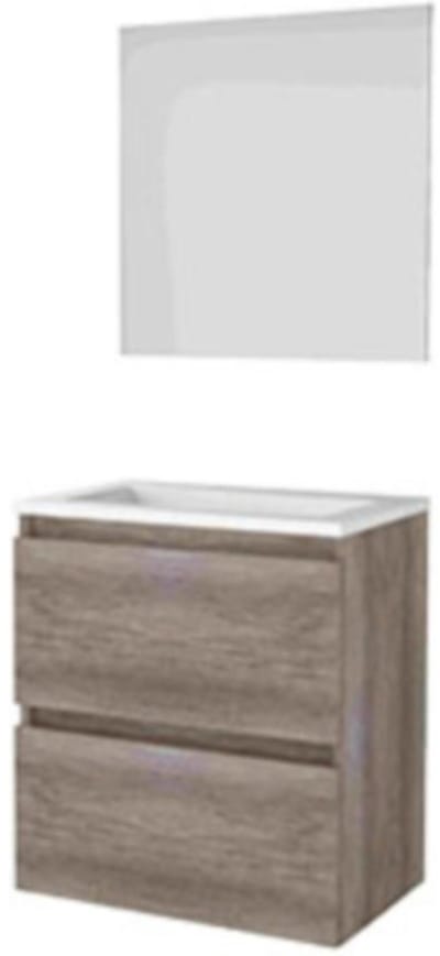 Basic-Line Ultimate 39 Badkamermeubelset - Ondiep - 60 x 39 cm - Greeploos - 2 Lades - Acryl Wastafel - Zonder Kraangat - Spiegel met Indirecte LED Verlichting - Scotch Oak