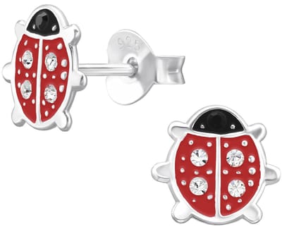 Joy|S - Zilveren lieveheersbeestje oorbellen - 8 x 7.5 mm - rood met kristalletjes - kinderoorbellen