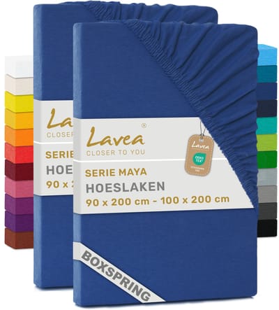 Lavea® Set van 2 Hoeslakens 90x200cm - 100x200cm – voor Dikke Matrassen tot 35 cm, voor Boxspring & Waterbed – 100% Katoen – met Elastiek – Hoge Kwaliteit – Koningsblauw