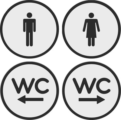 12.5 cm Rond 4 bordjes man-vrouw-WCpijl links-WC pijl rechts- Zwart | toilet bordjes - WC bordjes | 125 mm rond 3 mm dik | Wit Zwart | Bio plastic