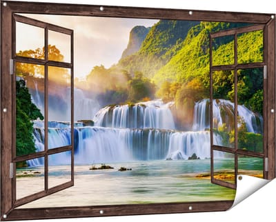 Gards Tuinposter Doorkijk Watervallen tussen de Bomen - 150x100 cm - Tuindoek - Tuindecoratie - Wanddecoratie buiten - Tuinschilderij