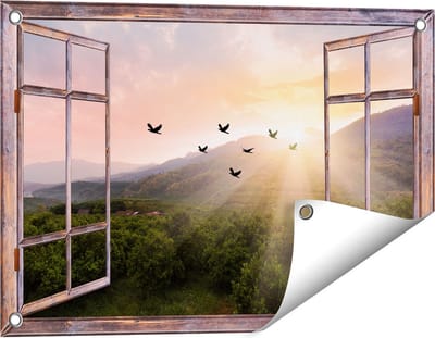 Gards Tuinposter Doorkijk Silhouet Zwerm Vogels bij Zonsondergang - 60x40 cm - Tuindoek - Tuindecoratie - Wanddecoratie buiten - Tuinschilderij