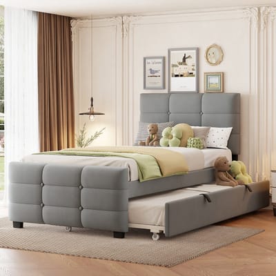 HAUSS SPOLE Gestoffeerd Bed 90x190cm - Eenpersoonsbed Met Uitschuifbed, Met Lattenbodem - Zonder matras - Fluweel - Grijs
