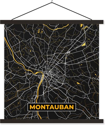 Posterhanger incl. Poster 60x60 cm - Schoolplaat - Kaart - Frankrijk - Plattegrond - Montauban - Stadskaart - Textielposter - Zwarte latten - Stadskaart