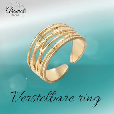 Aramat Jewels | Ringen | Stalen Verstelbare Open Ring - Lijnenspel - One Size | Goudkleur | |12mm | Staal | Volwassenen | Verkleurd niet
