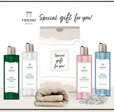 Geschenkset “Special gift for you!” - 5 producten - 1100 gram - Triomf Cosmetica | 4 x Bad & Douchegel 250 ml Dennen Groen Thee Passievrucht Coolwater Luxe Showergel Giftset Douche Gel hem en haar Gift Set Verjaardag Nieuw Huis Woning Cadeau Pakket