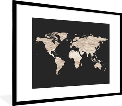 Poster in lijst - Fotolijst 80x60 cm - Posters - Wereldkaart - Beige - Zwart - Posterlijst zwart - Decoratie - Wanddecoratie woonkamer - Muurdecoratie slaapkamer