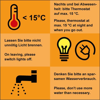 Energie besparen tekststicker, DE-EN 100 x 100 mm