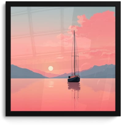 Poster in lijst - Fotolijst 40x40 cm - Posters - Zeilboot - Roze zee - Zonsondergang - Bergen - Posterlijst zwart - Decoratie - Wanddecoratie woonkamer - Muurdecoratie slaapkamer