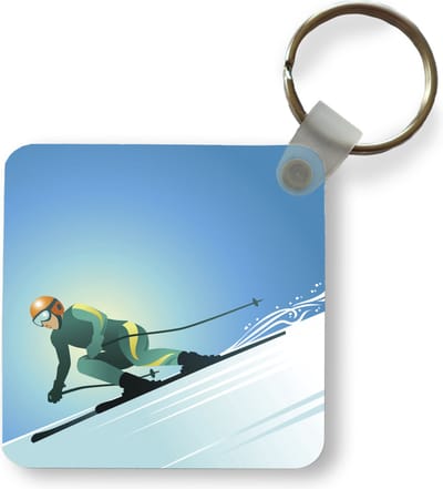 Sleutelhanger - Uitdeelcadeautjes - Een illustratie van een skiër op een steile piste - Plastic