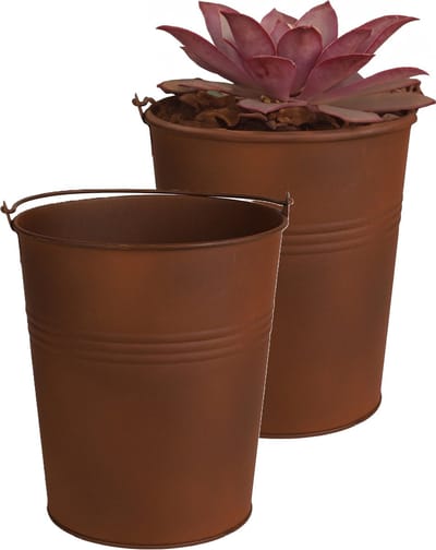 Sunnydays Emmer/plantenpot/bloempot - 2x - zink - roestbruin - D20 x H22cm