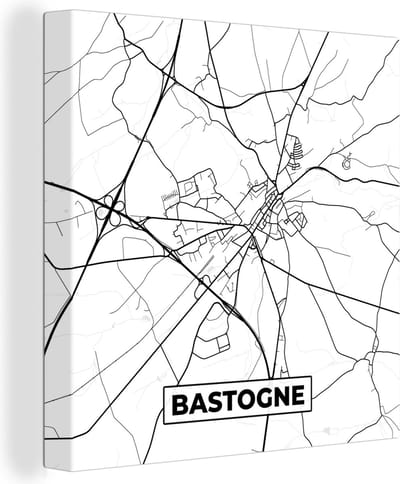 Canvas Schilderij Zwart Wit – België – Plattegrond – Stadskaart – Kaart – Bastogne - 20x20 cm - Wanddecoratie