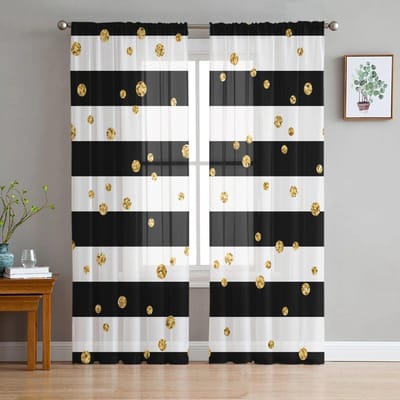 Zwart-witte strepen gouden stippen tule transparante raamgordijnen voor woonkamer keuken kinderslaapkamer voile hanggordijn W135 x H114cm black