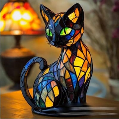 Nachtlampje voor Kinderen - Baby - Siliconen - Lampje SlaapkamerKatten Nachtlamp -Knijplampje- Vintage Tiffany Lamp van Bontglas - Dierlijk Design als Woondécor - Zachte LED Sfeerverlichting - Geschikt voor Slaapkamer & Woonkamer - Uniek Cadeau Idee