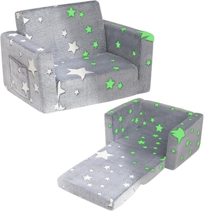 Omgoods - 2-in-1 Kinderen Stoel en Sofa met Sherpa Bekleding, Grijs met Sterren