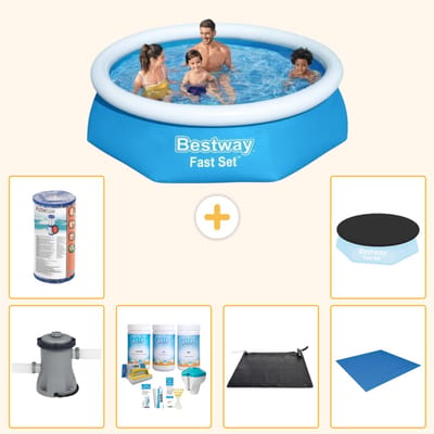 Bestway Rond Opblaasbaar Fast Set Zwembad - 244 x 61 cm - Blauw - Inclusief Pomp - Onderhoudspakket - Solar Mat - Grondzeil - Filter - Afdekzeil - 7-delig
