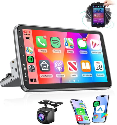 ESSGOO 1Din Autoradio - Android 15 - 4+64GB - Apple Carplay & Android Auto (Draadloos) - 10.1 Inch Draaibaar Touchscreen - GPS Navigatiesysteem - Bluetooth, USB, WIFI, SWC - AHD Achteruitrijcamera