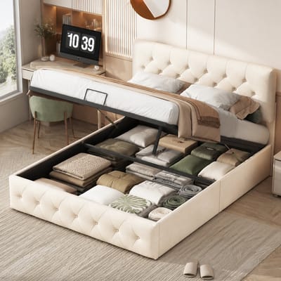 Opbergbed 140x200 cm met lattenbodem, verstelbaar hoofdeinde, Tweepersoonsbed met opbergruimte, bed voor volwassenen en tieners, fluwelen Beige