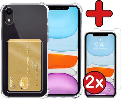 Hoesje - Geschikt voor Apple iPhone XR - Met 2x Screenprotector - Pashouder - Kaarthouder - Back Cover - Telefoon Hoes Shockproof - Siliconen Case - Shock Proof - Pasjes Houder - Telefoonhoes - Transparant