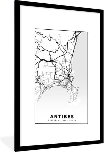 Fotolijst incl. Poster Zwart Wit- Kaart - Plattegrond - Antibes - Frankrijk - Stadskaart - Zwart wit - 60x90 cm - Posterlijst