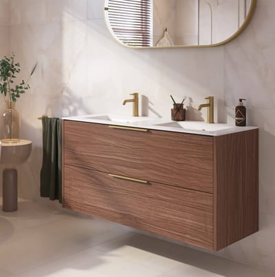 Saqu Lima badmeubel incl. dubbele glans witte keramische wastafel 120x51x61cm noten urban – messing greep