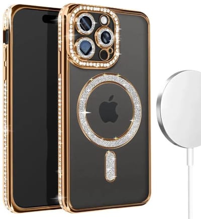 Hoesje met Diamantjes en Glitter Geschikt voor: iPhone 15 Pro Max - MagSafe Glitter Hoesje - Goud met Diamanten steentjes - Glamour Hoesje