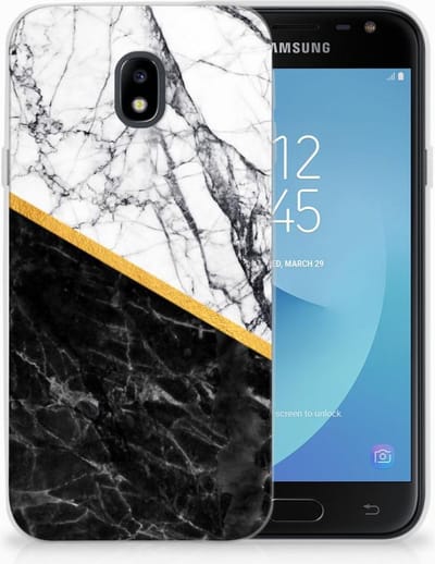 Samsung Galaxy J3 2017 TPU Siliconen Hoesje Marmer Wit Zwart - Origineel Cadeau Man