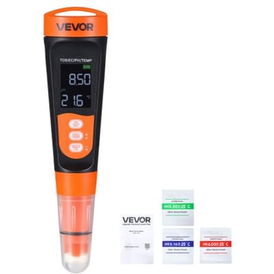 VEVOR pH-meter, pH/EC/TDS-multiparametermeting, IP68 waterdichte sonde, draagbare testerset met kalibratiepoederzakje, VA-display, pH-meter, watertester voor waterkwaliteitsonderzoek.