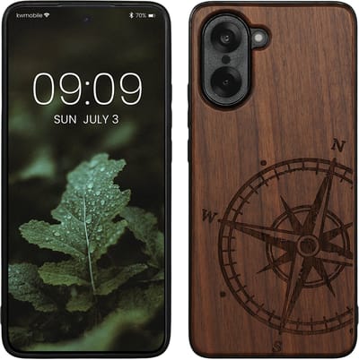 kwmobile telefoonhoesje geschikt voorOnePlus Nord CE5 - Hoesje met bumper - hout - In donkerbruin Vintage Kompas design