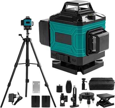 Professionele Laserwaterpas met Statief, 4 x 360° Nivelleer Laser, 16 Lijnen, Zelfnivellerend voor Bouw en Uitlijning, Inclusief 2x4800mAh Batterijen en Afstandsbediening