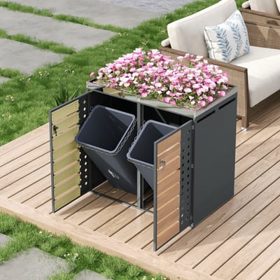 Wishdor Kliko Ombouw 2 Containers (Tot 240L) met Plantenbak - Afvalcontainer Kast met Kantelsysteem - Verzinkt Staal - Houtlook/Grijs