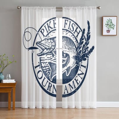 Vintage Snoekvissen Embleem Design Element En Label Transparante Gordijnen voor Woonkamer Tule Raamgordijn Slaapkamer Keuken Gordijnen 135W x 114H(cm) white